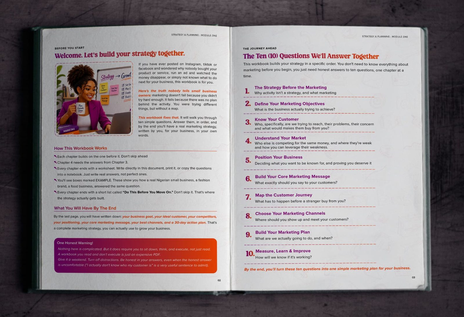 Inside pages of The Marketing Roadmap workbook